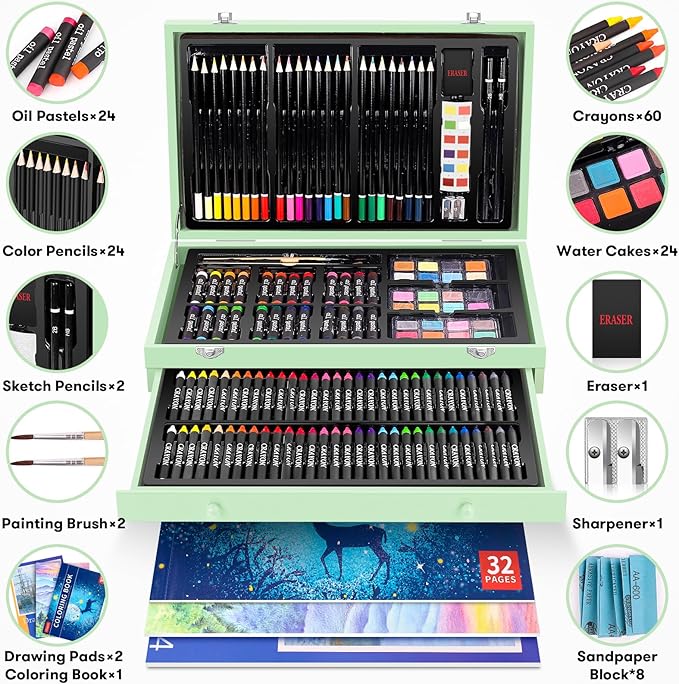 iBayam Art Supplies, 150-Pack Deluxe Wooden Art Set Crafts Drawing Painting Kit with 1 Coloring Book, 2 Sketch Pads, Creative Gift Box for Adults Artist Beginners Kids Girls Boys
