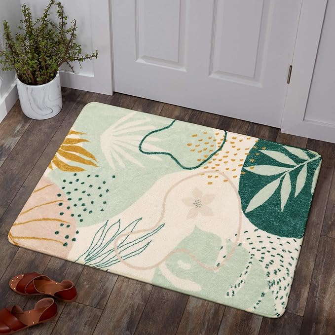 Lahome Green Washable Area Rug - 2x3 Botanical Print Small Rug Modern Abstract Non-Slip Minimalist Art Area Rug Accent Distressed Throw Rugs Floor Carpet for Living Room Bedroom Entryway Rug