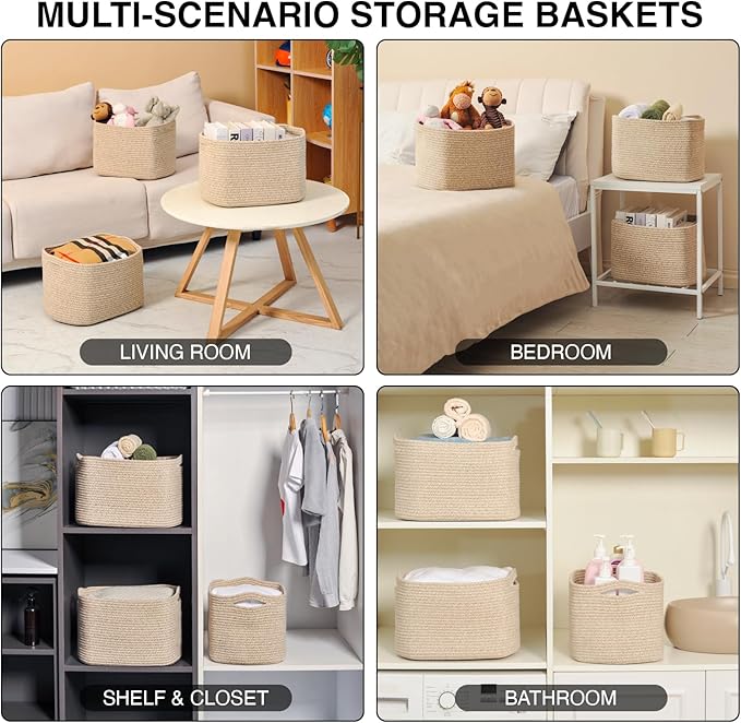 Decorative Storage Baskets for Organizing Shelves, Toy Basket for Nursery, Woven Cotton Rope Baskets for Decor, Towel Basket for Bathroom, 15"x11"x9.5", 3 Packs, Brown