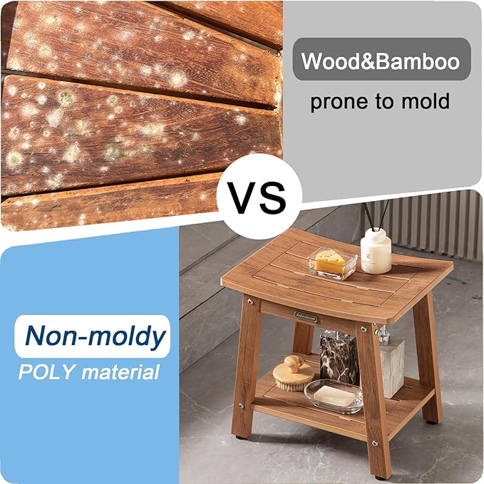 HDPS Shower Bench Seat for Inside, Waterproof Poly Lumber Shower Stool for Shaving Legs, Bathroom Foot Rest with Storage Shelf, Plastic Bath Chair Seat for with Adjustable Feet, No Maintenance, Brown