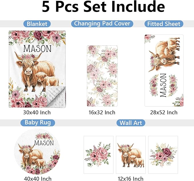 Personalized Baby Bedding Set, 5 Pcs Custom Baby Crib Set with Name, Soft Flannel Highland Cow Crib Bedding Set for Girls, Double Layer Nursery Bedding Set, New Parents Toddlers Infants Gift
