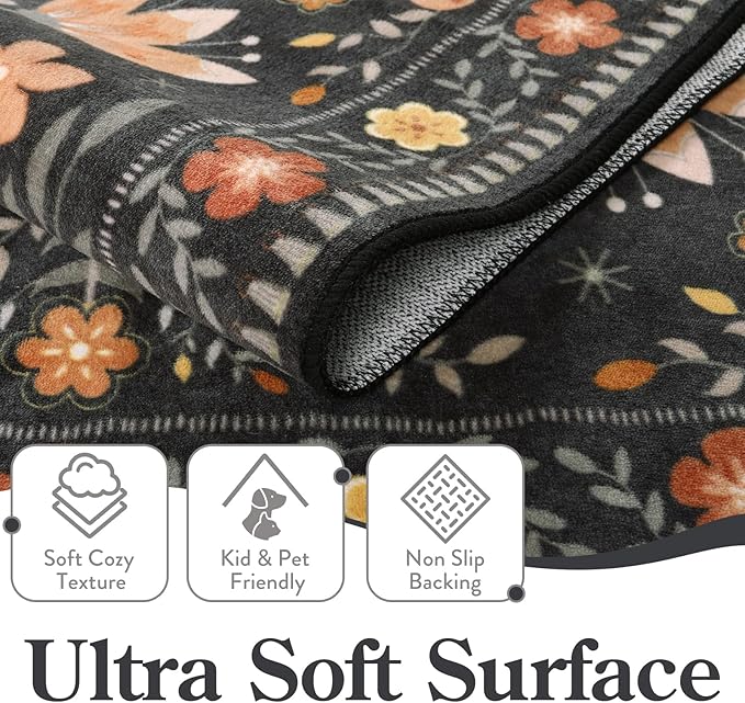 Moynesa Machine Washable 6x9 Area Rugs, Boho Bird Ultra Thin Living Room Rug Non Slip, Soft, Stain Resistant, Indoor Black Large Throw Carpet for Bedroom Office Dining Room Under Table