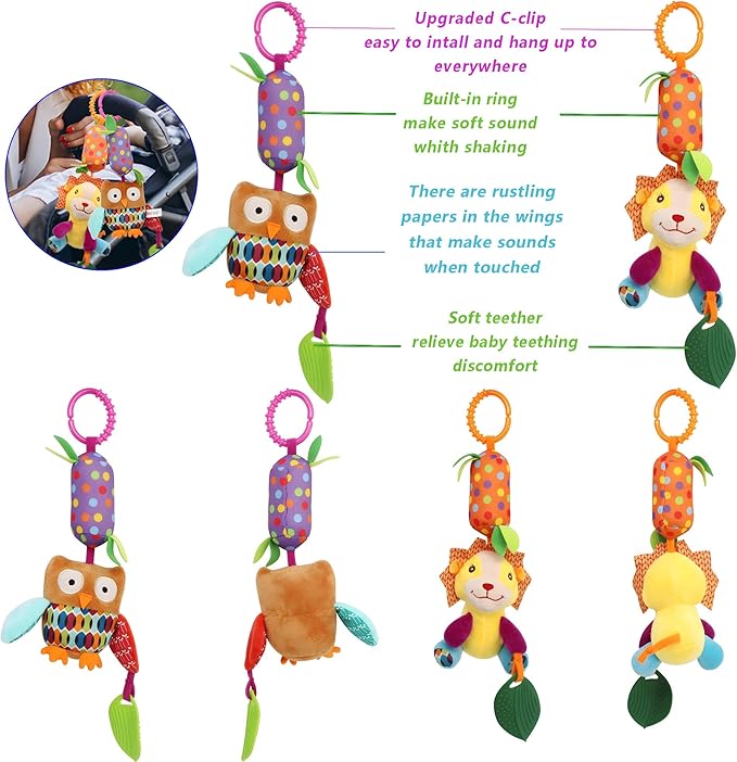 BLOOBLOOMAX Baby Soft Hanging Rattle, Car Seat Stroller Toys with Plush Animal C-Clip Ring for Infant Babies Boys and Girls 3 6 9 to 12 Months (4pcs)