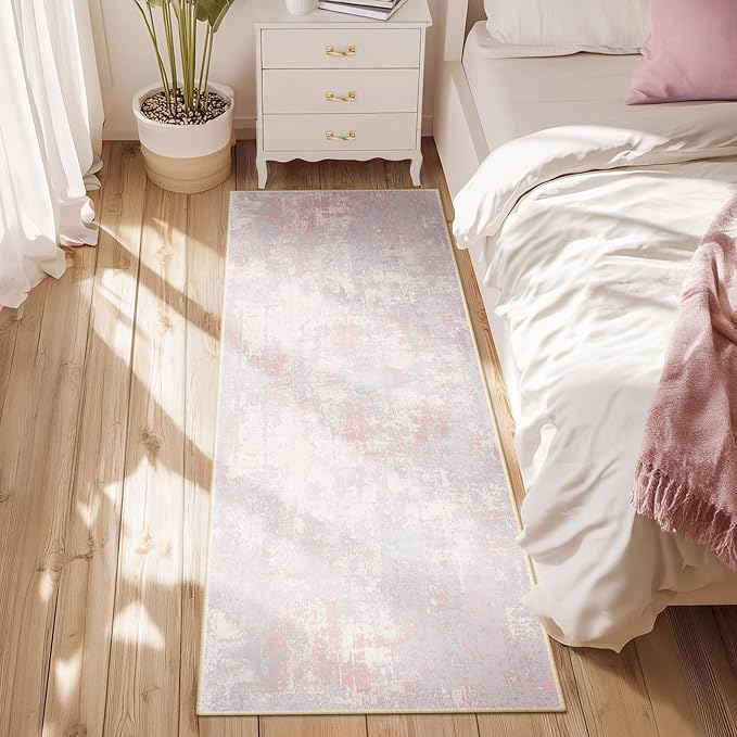 Washable Area Rugs 2'x10' Non-Slip Modern Abstract Soft for Living Room Entryway Bedroom Nursery, Print Pattern, Grey Pink