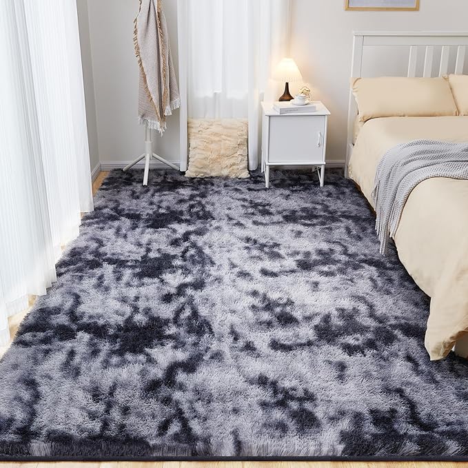 Ultra Soft Area Rugs for Living Room, 5x7 Tie-Dyed Dark Grey Fluffy Plush Rugs for Bedroom, Non-Slip Floor Carpet for Nursery Room, Bedside, Playroom, Corridor, Indoor Decor