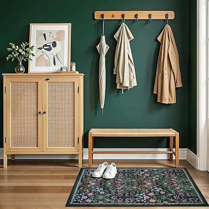 Entryway Rug 2X3 Small Rugs: Floral Washable Door Mat Vintage Soft Low Pile Non-Slip Kitchen Rugs Stain Resistant Indoor Throw Rug for Entrance, Bedroom, Kitchen, Laundry, Bathroom Dark Green