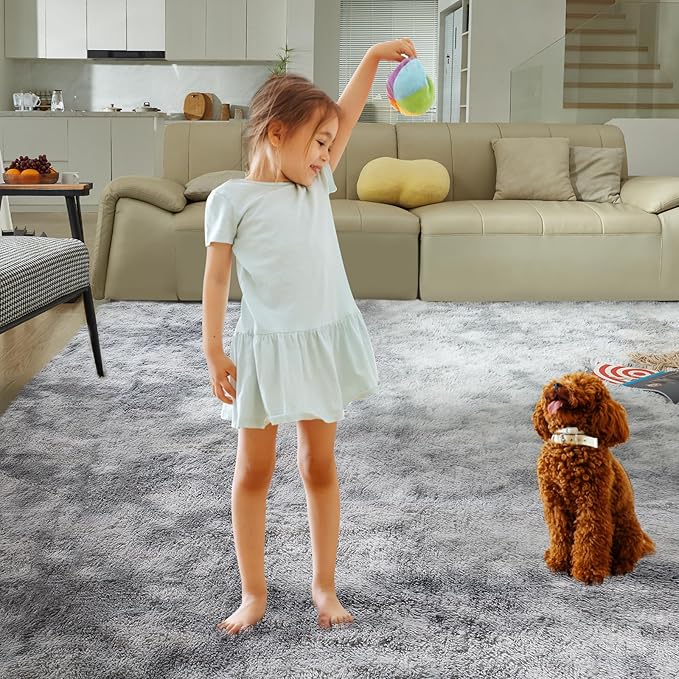 Ultra Soft Rug for Living Room, 9X12 Fluffy Shag Area Rug for Bedroom, Modern Shaggy Carpets Fuzzy Rug for Teens Dorm Nursery Home Decor Aesthetic, Upgrade Anti-Skid Durable, Tie-Dyed Light Grey