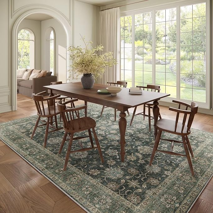 Washable 8x10 Area Rugs for Living Room, Boho Non-Slip Silicone Backing Rugs for Bedroom Dining Room Nursery Office, 0.3" Neutral Oriental Throw Carpet with 0.16" Cushioning Pad, Sage Green/Multi