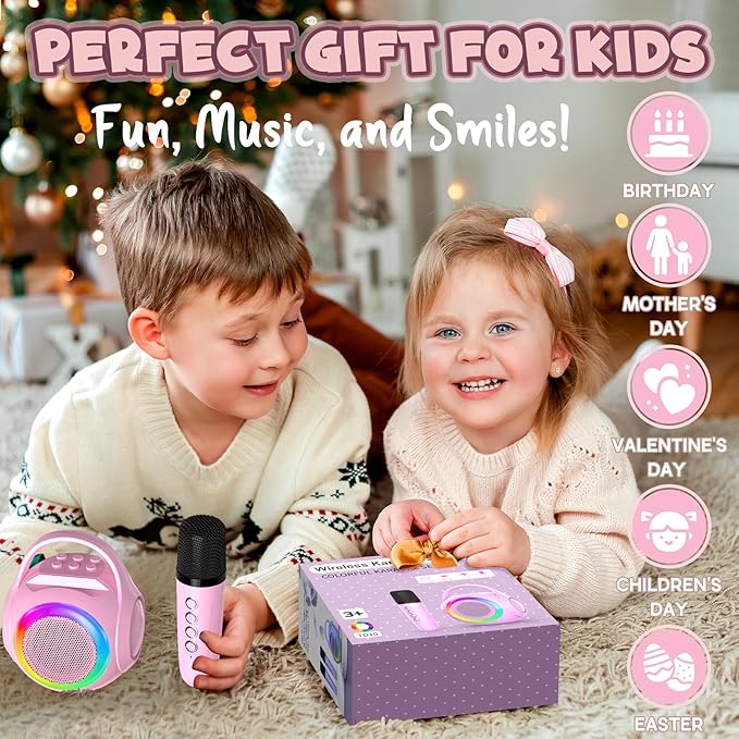 Hockvill Mini Karaoke Machine for Kids with 2 Microphones, Bluetooth Toddler Karaoke Toy with LED Lights, Rechargeable Portable Speaker for Girls & Boys Ages 3-10, Children’s Day & Birthday Gift Ideas