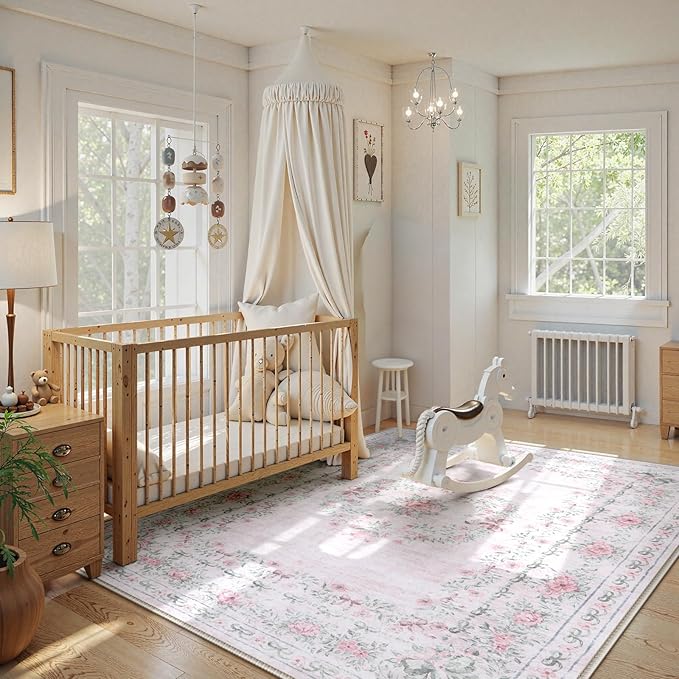 Wonnitar Floral Bow Print 8x10 Area Rugs, Washable Pink Rugs for Bedroom Girls, Boho Ultra-Thin Soft Non Slip Carpet for Nursery Living Room Kids Room Classroom Decor, Light Pink