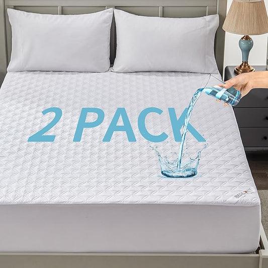 BEDLORE 2 Pack Waterproof Mattress Protector, Full Size Mattress Pad with Deep Pocket Fitted Up to 6-15 inches, Soft Noiseless Single Bed Mattress Cover for Bedroom, Dorm Room (White)