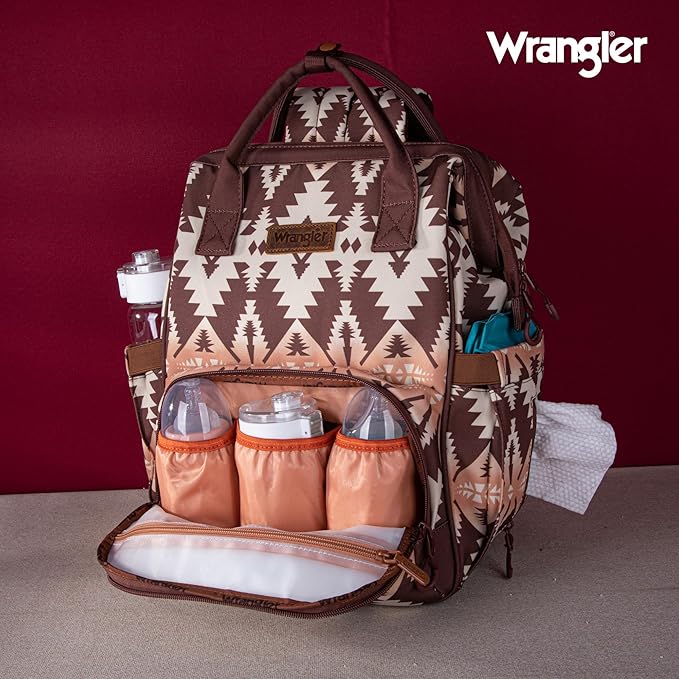 Wrangler Diaper Bag Backpack Aztec Travel Backpack Purses Western Multi-Function Baby Bags for Mom with Waterproof Insulated Pockets