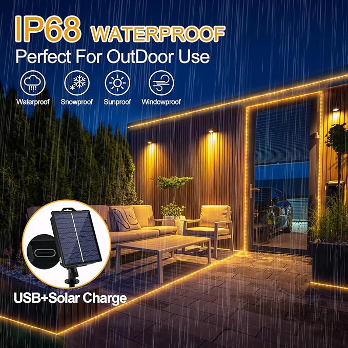 OMIKA 50ft 600 LEDs Solar Rope Lights, USB Charging, 20 Lighting Modes, Dimmable Timer Remote Control, IP68 Waterproof for Outdoor Trees, Parties, Gardens, Weddings, Christmas Decorations