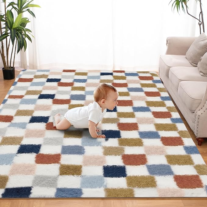Super Soft Rug for Bedroom, 6x9 Ft Rainbow Area Rug Classic Checkered Shaggy Rug Anti-Skid High Pile Soft Fluffy Fuzzy Carpet for Living Room Bedroom Kids Room Nursery, Dorm Home Decor