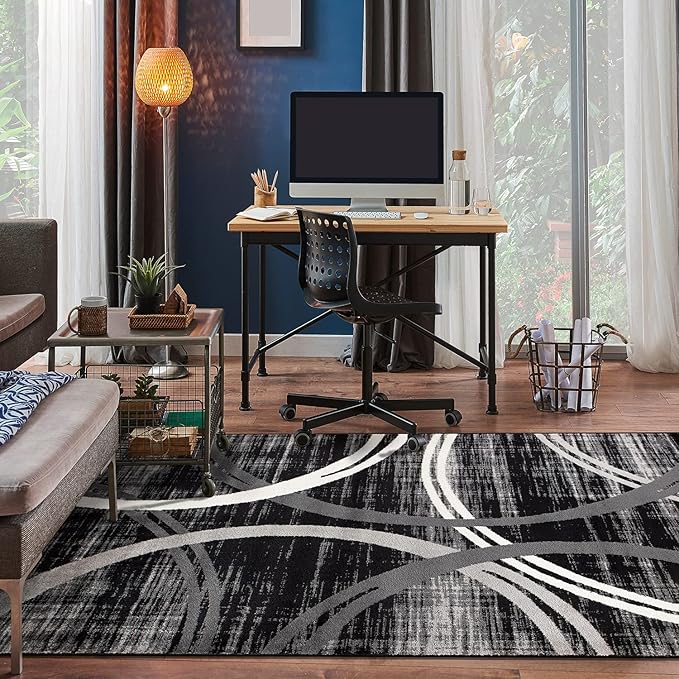 Rugshop Modern Wavy Circles Design Area Rug 5'3" x 7'3" Black