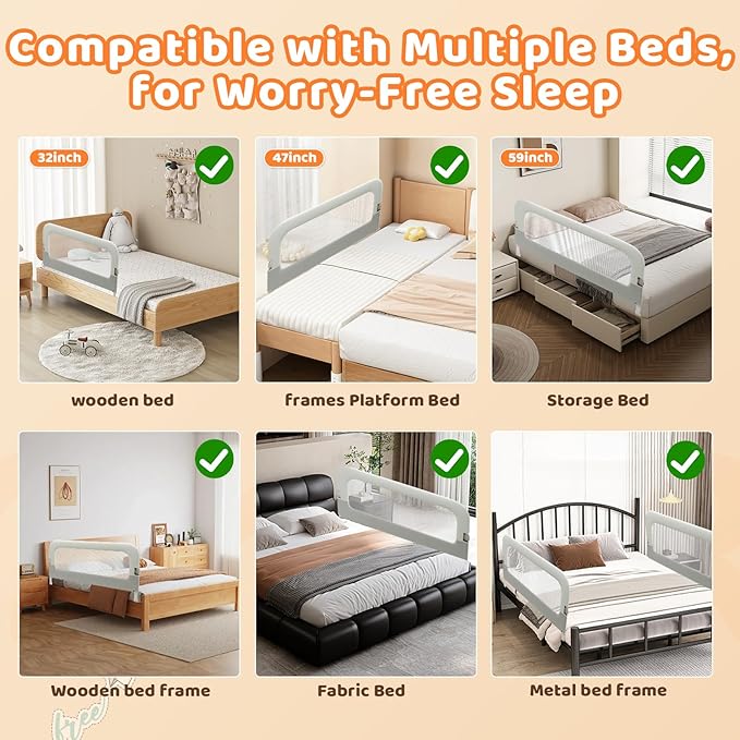 Bed Guard Rail for Toddlers - 32inch Folding up & Adjustable Heights Baby Bed Safety Rails - Portable Toddler Bed Barrier Railing Guard for Kids Twin, Bunk, Queen, Full Size Bed