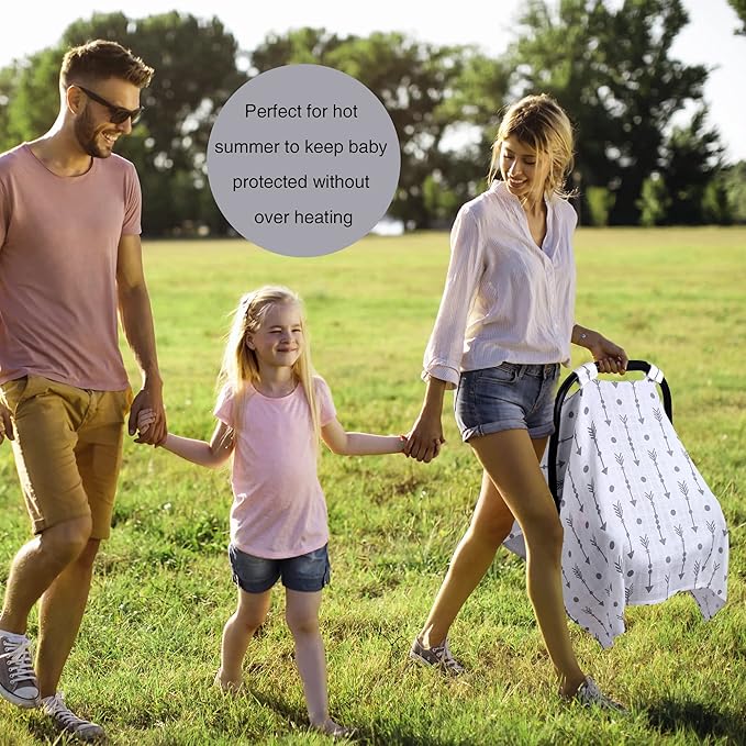 Rquite Car Seat Covers for Babies, 100% Muslin Carseat Cover Boys Girls, Lightweight Infant Car Seat Canopy, Soft Breathable Baby Carrier Cover, Summer Stroller Cover (Grey Arrow)
