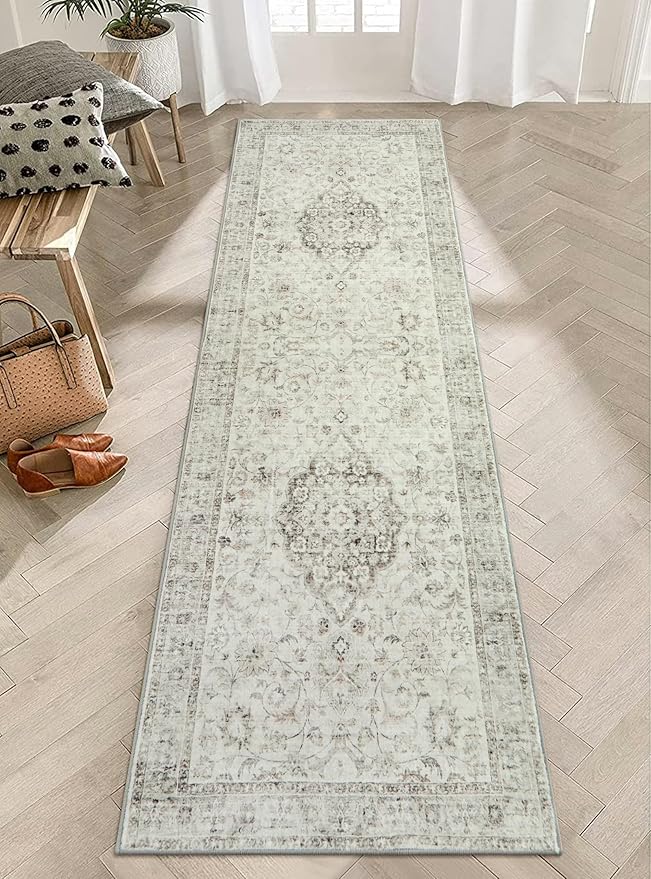 LIVEBOX Washable 2.5x8 Runner Rugs for Entryway Bathroom, Boho Kitchen Floor Mats Long Rug Runners for Hallways Non Slip, Farmhouse Low-Pile Carpet Runners for Laundry Room, Taupe