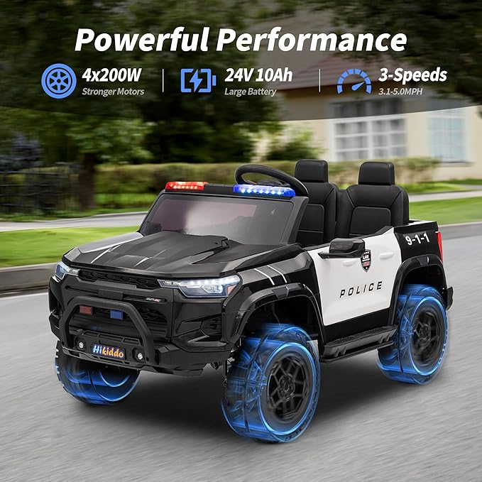 24V 10Ah Electric Police Car Ride on Toy for Big Kids, 4WD 2 Seater Kids Ride on Car SUV w/Remote Control, 4x200W Motors - Black
