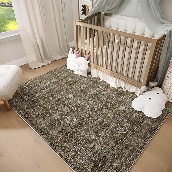 Washable 4x6 Rugs for Living Room, Boho Non-Slip Silicone Backing Small Rugs for Bedroom Nursery Office, 0.3" Neutral Oriental Throw Carpet with 0.16" Cushioning Pad, Deep Brown/Multi