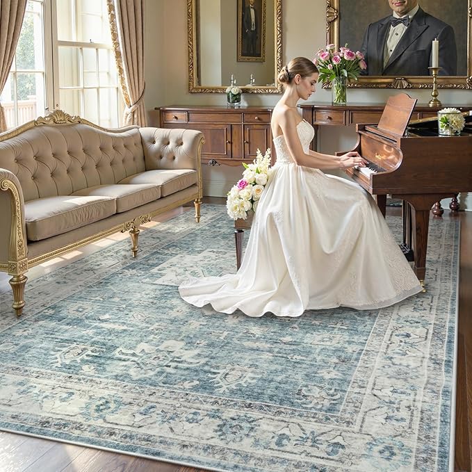 LIVEBOX Washable Area Rug 8x10 Rugs for Living Room Bedroom, Non-Slip Boho Indoor Carpet for Dining Room Office, Low-Pile Farmhouse Soft Carpets for Kids Nursery Room Playroom, Blue