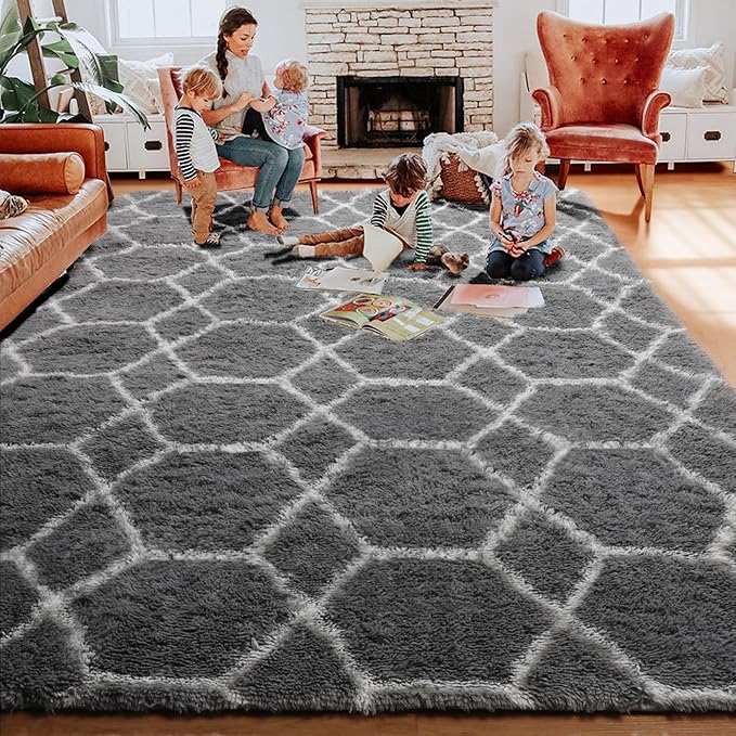 ONASAR 5x7 Area Rugs for Living Room Bedroom, Washable Fluffy Grey and White Faux Fur Bedside Rug, Geometric Boho Soft Plush Shaggy Floor Carpet Mat for Nursery Kids Girls Teen Dorm Home Decor