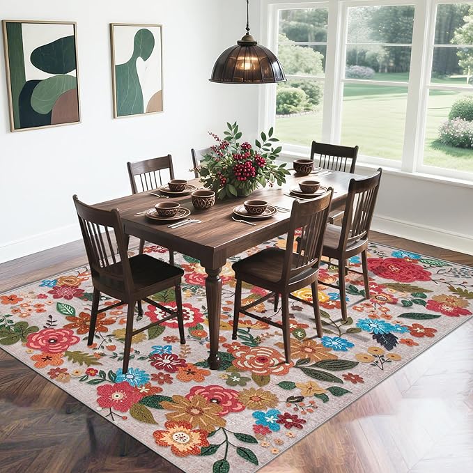 Area Rug Living Room Rugs: 5x7 Washable Rug Vintage Floral Soft Boho Non Slip Carpet Indoor Floor Non Shedding Low Pile Thin Carpets for Bedroom Dining Room Farmhouse Nursery Home Office Beige