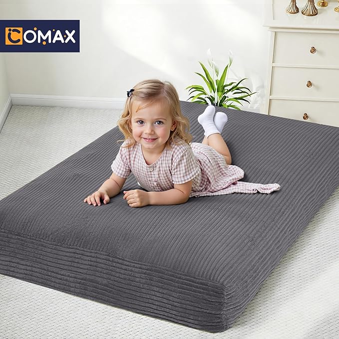 COMAX Kids Bean Bag Chair Turn into Beanbag Bed, Toddler Bean Chair Corduroy for Girl Boy Sleeping, Lazy Children Bean Bags with Filler, Convertible Child Floor Mattress, Charcoal