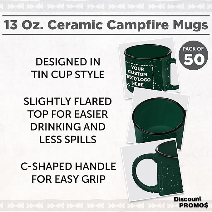 DISCOUNT PROMOS Custom Ceramic Campfire Coffee Mugs 13 oz. Set of 50, Personalized Bulk Pack - Perfect for Tea, Espresso, Cappuccino, Hot Cocoa - Green