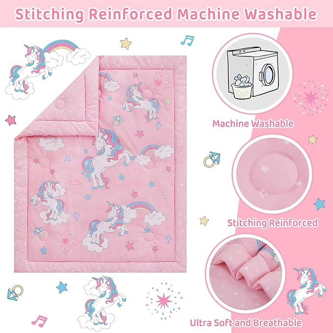 Viviland 3 Pieces Baby Bedding Set for Boy Girls, Baby Bedding Set for Newborn, Infant & Toddler - Unicorn