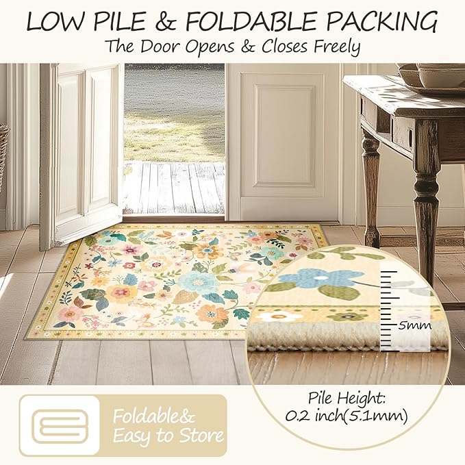 Floral 4x6 Area Rug Machine Washable Soft Print Boho Carpet Non Slip Doormat Low Pile Flower Area Rugs for Living Room Bedroom Nursery Kitchen Dining Room Indoor-Ivory/Yellow