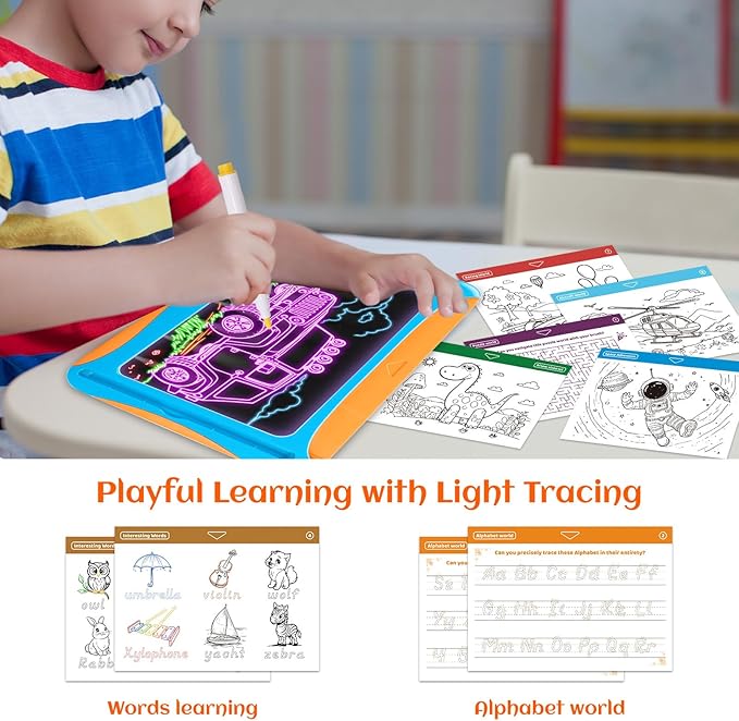 Magic LED Drawing Board for Kids, Toys for Boys Ages 5-7, Light Up Tracing Pad with 9 Double-Sided Cards, 6 Washable Pens, Glow Up Toys for Kids 4-6 Year Old Christmas Birthday Gifts