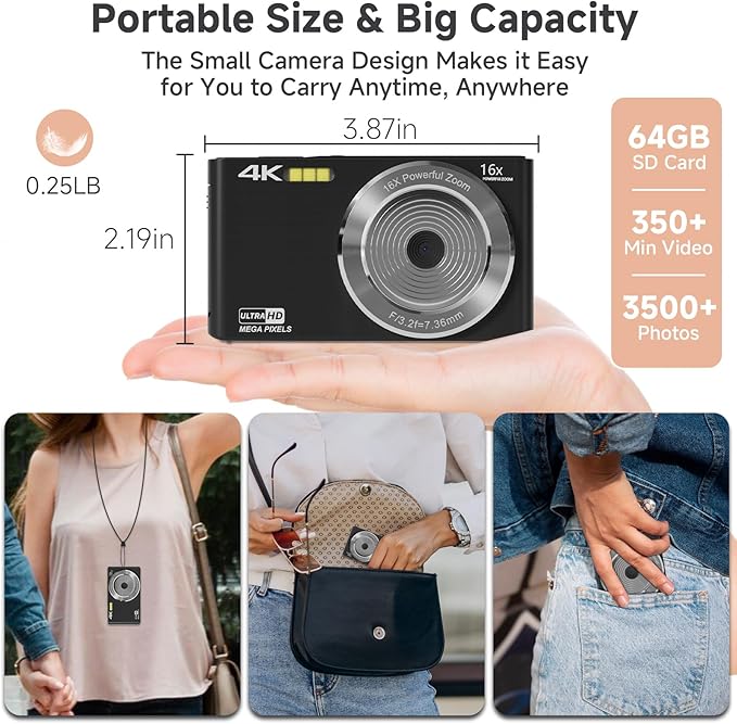 Digital Camera FHD 4K Kids Camera 44MP with 64GB SD Card 2 Batteries Autofocus 16X Digital Zoom Compact Portable Point and Shoot Digital Small Vintage Camera for Teens Boys Girls Students (Black)
