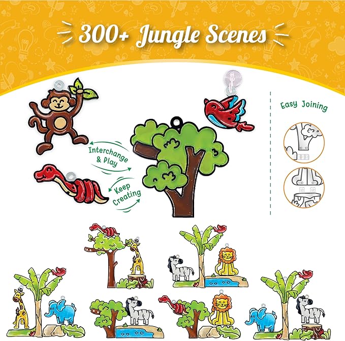 Imagimake Window Art Jungle Suncatcher Kit | Kids Crafts Supplies | Girls Toys Age 6-8 | Arts and Crafts for Kids Ages 8-12 | Creative Fun Craft Kit | Gifts for 5 Year Old Boys & Girls