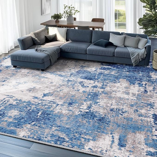 Washable Area Rugs 7'x9' Non-Slip Modern Abstract Soft for Living Room Entryway Bedroom Nursery, Print Pattern, Blue Grey Navy Gray