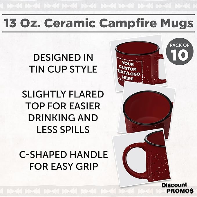 DISCOUNT PROMOS Custom Ceramic Campfire Coffee Mugs 13 oz. Set of 10, Personalized Bulk Pack - Perfect for Tea, Espresso, Cappuccino, Hot Cocoa - Maroon