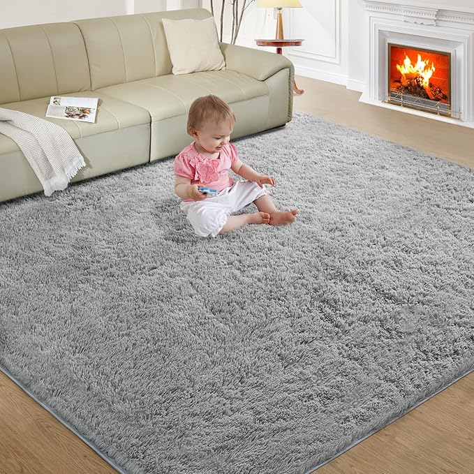 Ultra Soft Rug for Living Room, 9X12 Fluffy Shag Area Rug for Bedroom, Modern Shaggy Carpets Fuzzy Rug for Teens Dorm Nursery Home Decor Aesthetic, Upgrade Anti-Skid Durable, Light Grey
