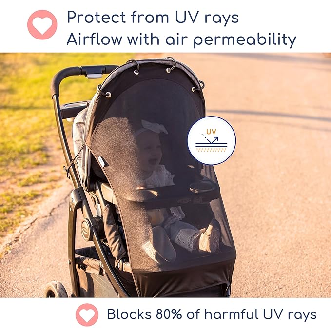 Stroller Sun Shade - Universal UV Protection Cover for Strollers Sunshade with See Through, Clip-On Sun Blocker, Sun Shield for Baby, Breathable Adjustable Fit, Full Coverage, L Black
