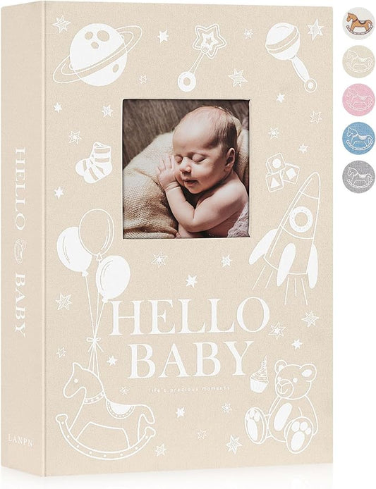 Lanpn Baby Photo Album 4x6 300 Pockets, Linen Newborn Bebe Ultrasound Photo Album with Memo Writing Area Photo Book, Picture Album for kids, Baby Girl Boy Memory Book Keepsake Beige