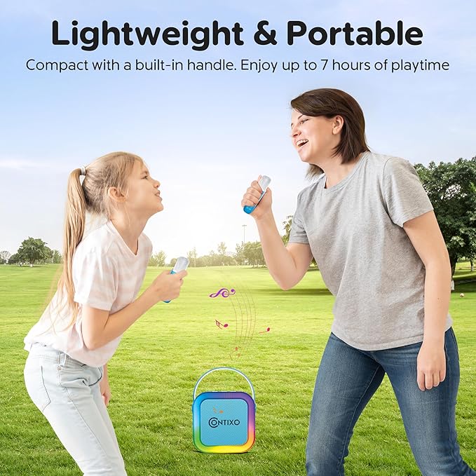 Contixo KS1A Kids Mini Karaoke Machine with LED Lights, 7–10H Playback, Dual Wireless Mics, Magic Voice Effects, Bluetooth Speaker for Children, Portable Singing Toy Gift for Boys & Girls, Blue