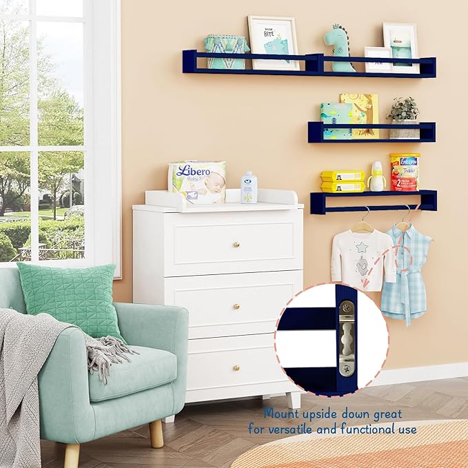 Forbena Wall Book Shelf Organizer for Kids Room Set of 4, Large Floating Book Shelves for Boy Nursery Wall Deocr, 24 Inches Wall Mount Bookshelf for Toddler Child Teen Boys Bedroom (Navy Blue)