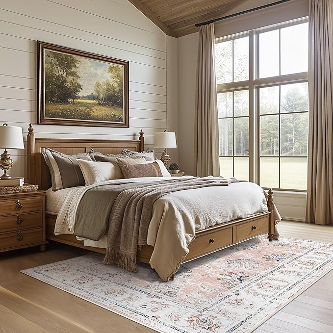 jinchan Vintage Floral 5x7 Area Rugs for Bedroom - Machine Washable Distressed Design Stain Resistant Boho Carpet Ultra-Thin Low Pile Non-Slip for Living Room Dining Room Kitchen (5‘x7',Pink)