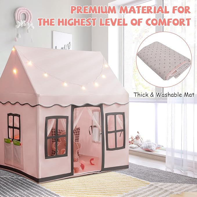 INFANS Kids Play Tent with Washable Mat Star Light Windows, Anti-Trip Large Playhouse Toys for Children Boys Girls, Indoor Outdoor Princess Tents Castle for Toddlers (Pink)