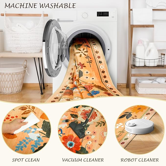 Floral 9x12 Area Rug Machine Washable Soft Print Boho Carpet Non Slip Doormat Low Pile Flower Area Rugs for Living Room Bedroom Nursery Kitchen Dining Room Indoor-Yellow/Orange