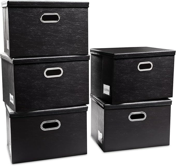 PRANDOM Large Stackable Storage Boxes with Lids [5-Pack] Leather Fabric Foldable Storage Bins Organizer Containers Baskets Cubes with Cover for Bedroom Closet Office Nursery Black(17.7x11.8x11.8)