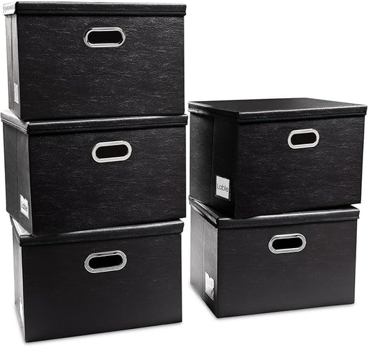 PRANDOM Large Stackable Storage Boxes with Lids [5-Pack] Leather Fabric Foldable Storage Bins Organizer Containers Baskets Cubes with Cover for Bedroom Closet Office Nursery Black(17.7x11.8x11.8)