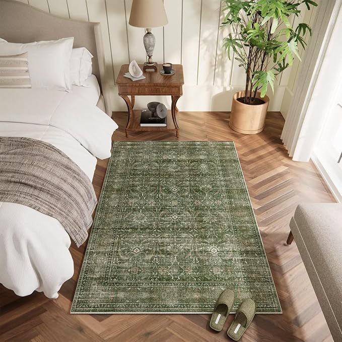 Washable 4x6 Rugs for Living Room, Boho Non-Slip Silicone Backing Small Rugs for Bedroom Nursery Office, 0.3" Neutral Oriental Throw Carpet with 0.16" Cushioning Pad, Grass Green/Multi