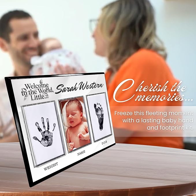 Baby Hand and Footprint Kit with Photo & Birth Details, Inkless Hand and Footprint Kit, Newborn Keepsake Plaque, Baby Shower Gifts (STYLE 1 (Fully Personalized) (Welcome To The World) (Neutral))
