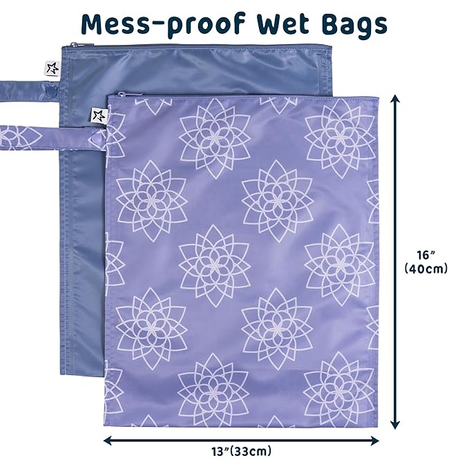 Tiny Twinkle Mess-Proof Waterproof Wet Dry Bag | 2-Pack Reusable Wet Bags for Swimsuits & Baby Clothes | Leakproof Wet Bag for Travel & Diaper Changes for Baby (Lotus)