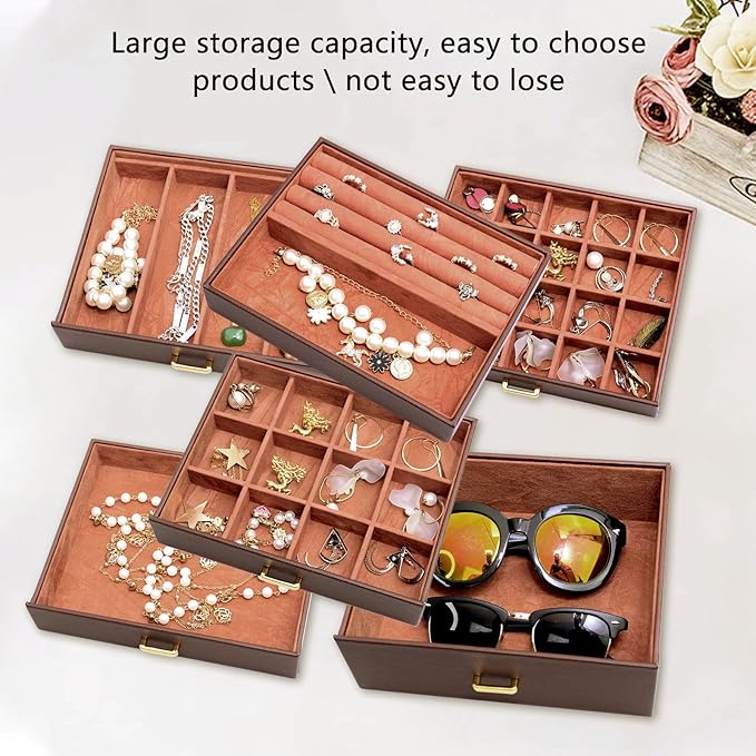 AKOZLIN Large 6-Tier Jewelry Box Organizer Functional Huge Lockable,5 Drawers Leather Jewelry Storage Case for Women Girls Ring Necklace Earring Bracelet Holder Organizer with Mirror Brown